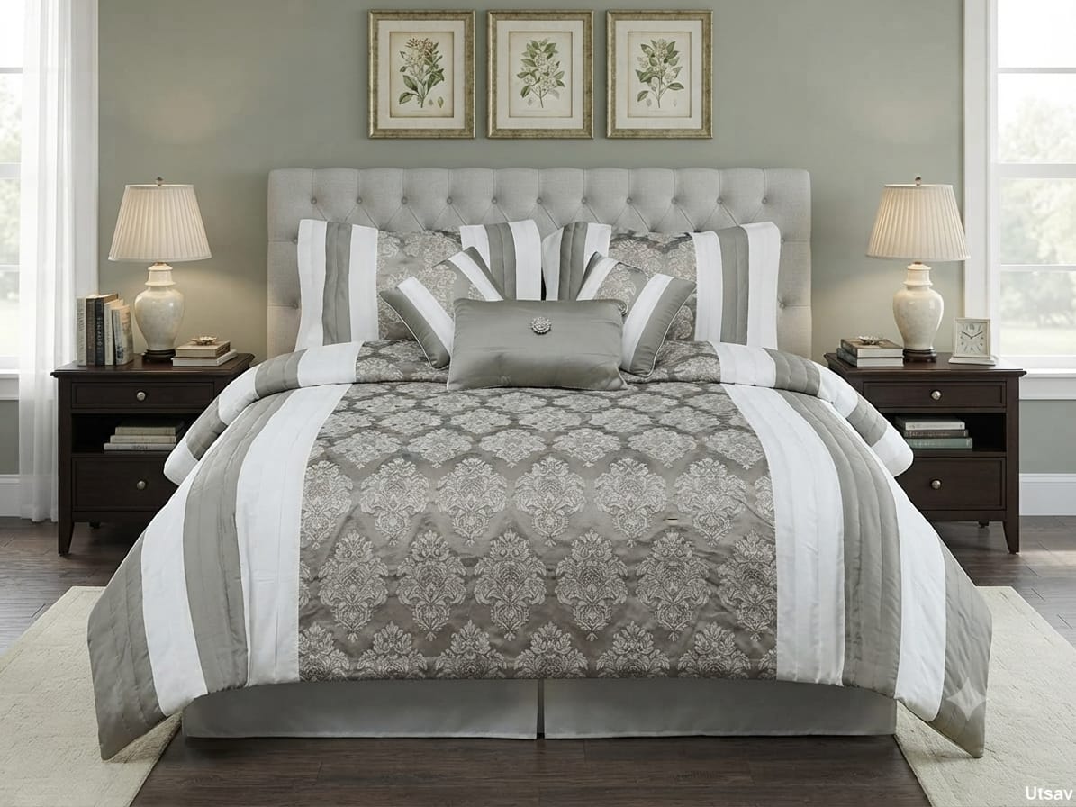 Grey & White Quilted Bedcover